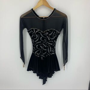 Black Girls' Rhinestone Velvet Dance Dress with Mesh Sleeves